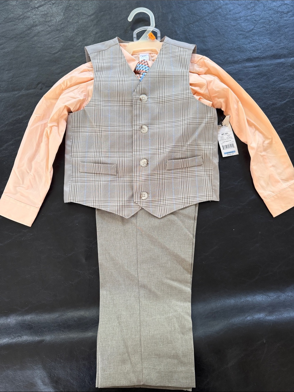 George Tan Plaid Vest with Peach Shirt and Multicolor Tie